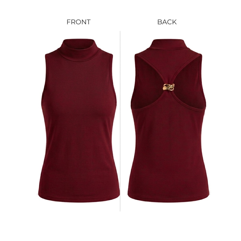 Shein Womens Burgundy Mock Neck Sleeveless Top Gold Ring Open Back XS